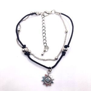 Silver Chain Black Cord Layered Sun Charm Bracelet